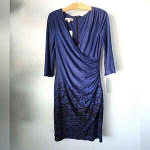 Kay Unger faux wrap ruched side and back midi dress
